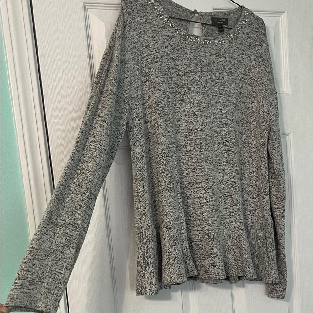 The Limited Heather Gray Long Sleeve Top with Pearl and Rhinestone Details